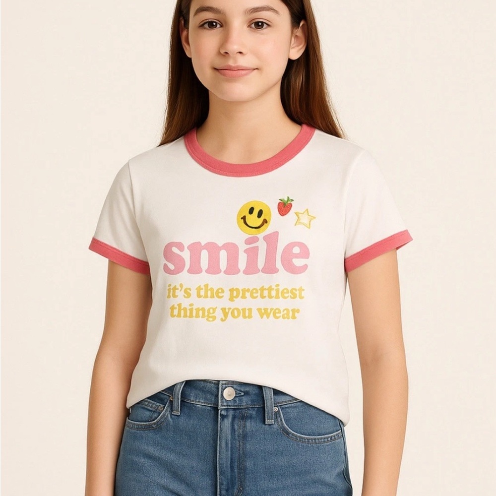 👚🌷Abercrombie Kids SMILE Tee Top Shirt  14 -16 | Cute Graphic Shirt Pink Trim